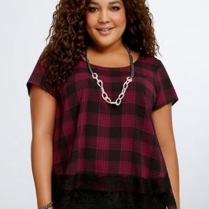 Torrid Black and Red Plaid Lace Bottom Blouse